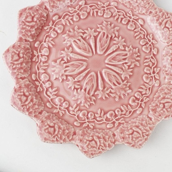Other - Pink Ceramic Majolica Spring Motif Plate by Rafael Bordallo Pinheiro, Portugal